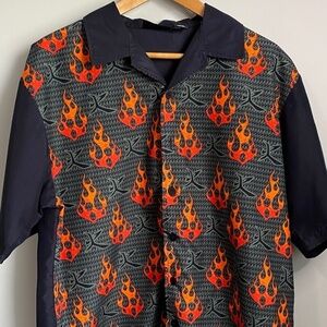 Vintage ODO Black/Grey Flame Print Casual Button Up Men's Shirt Large Dad Island